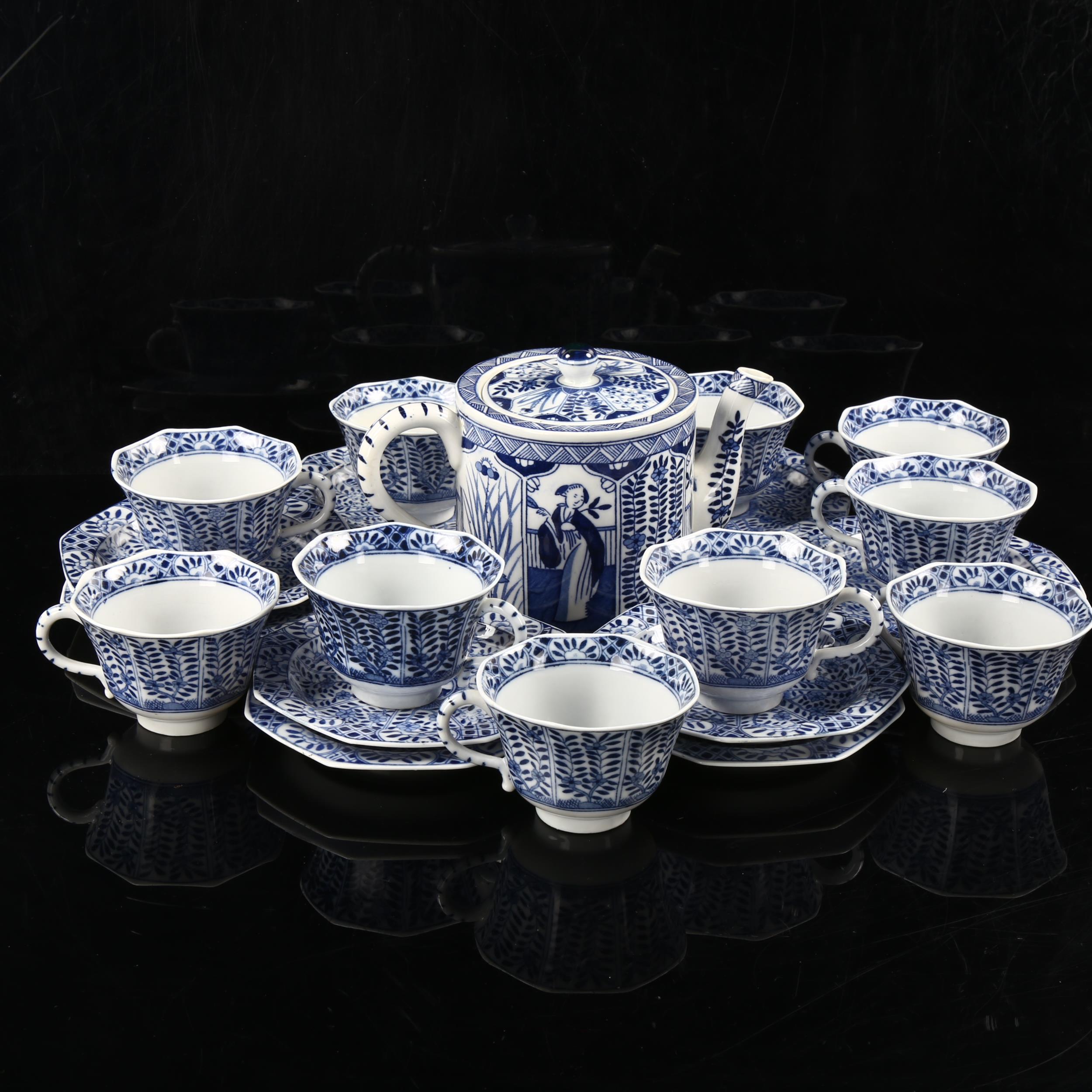 A Chinese blue and white porcelain tea service for 10 people, mid-20th century, teapot height