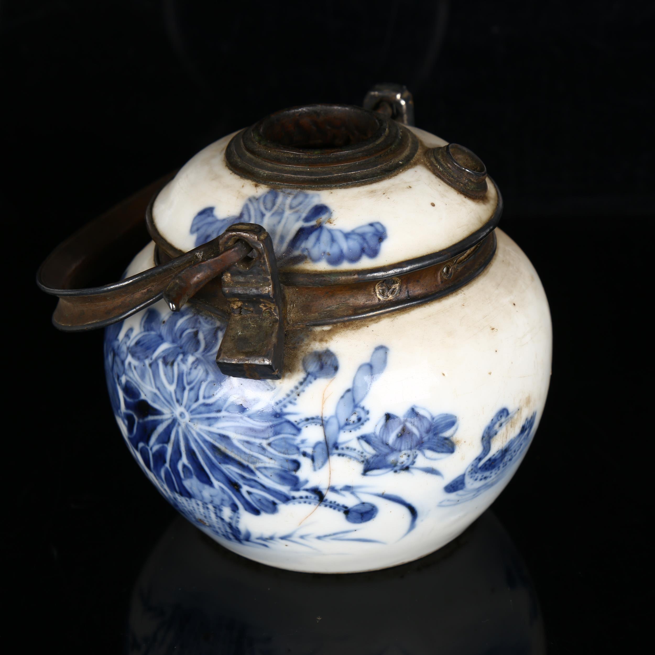 2 Chinese blue and white opium pipe pots, with metal mounts and marks on bases, height excluding - Image 4 of 9