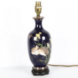 A fine Japanese cloisonne enamel vase / lamp, Meiji Period, decorated with fine silver wire quails