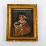 Mid-19th century oil on board portrait of a young girl, indistinct inscription verso dated 1850,