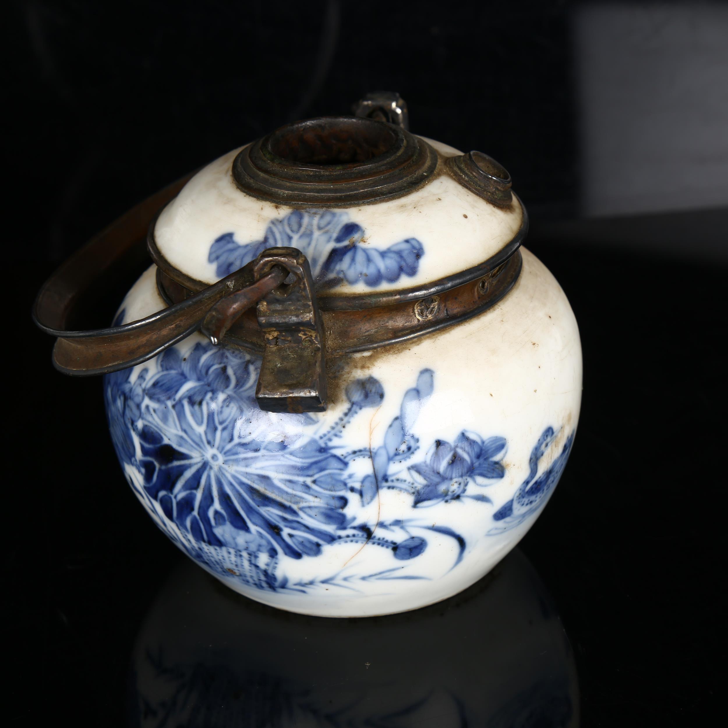 2 Chinese blue and white opium pipe pots, with metal mounts and marks on bases, height excluding - Image 5 of 9