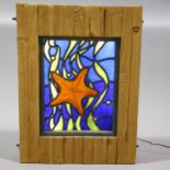 Paul Sedgwick - illuminated stained glass panel in striped wood frame, 58 x 44cm Made new by the