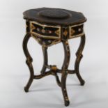 A Victorian gilded and lacquered sewing table, with inlaid mother-of-pearl decoration on shaped