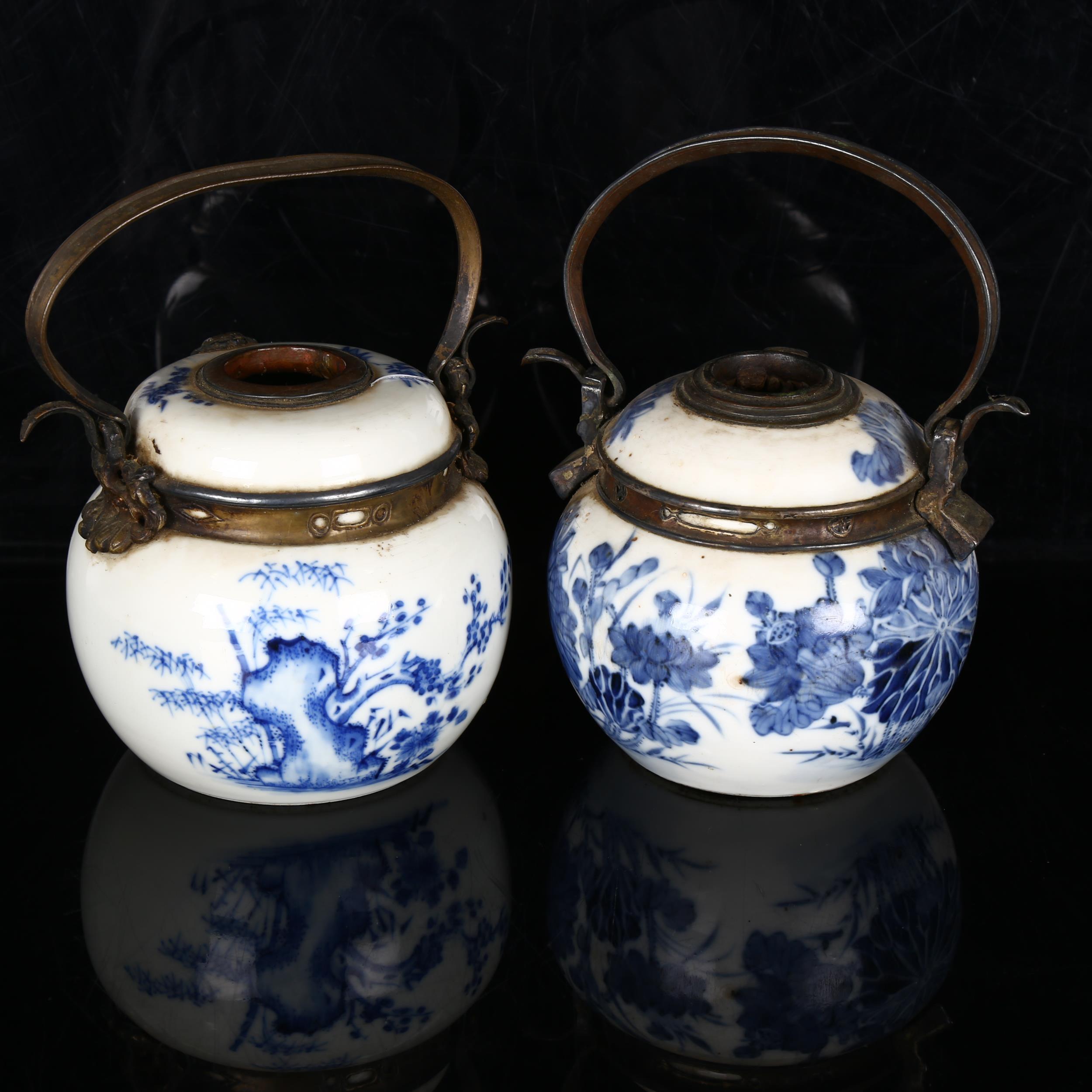 2 Chinese blue and white opium pipe pots, with metal mounts and marks on bases, height excluding - Image 2 of 9
