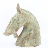 A Chinese Archaic style verdigris bronze horses head, height 35cm, provenance: the collection of a
