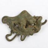 Indian cast verdigris bronze ornament in the form of a tiger and snake attacking a buffalo, length