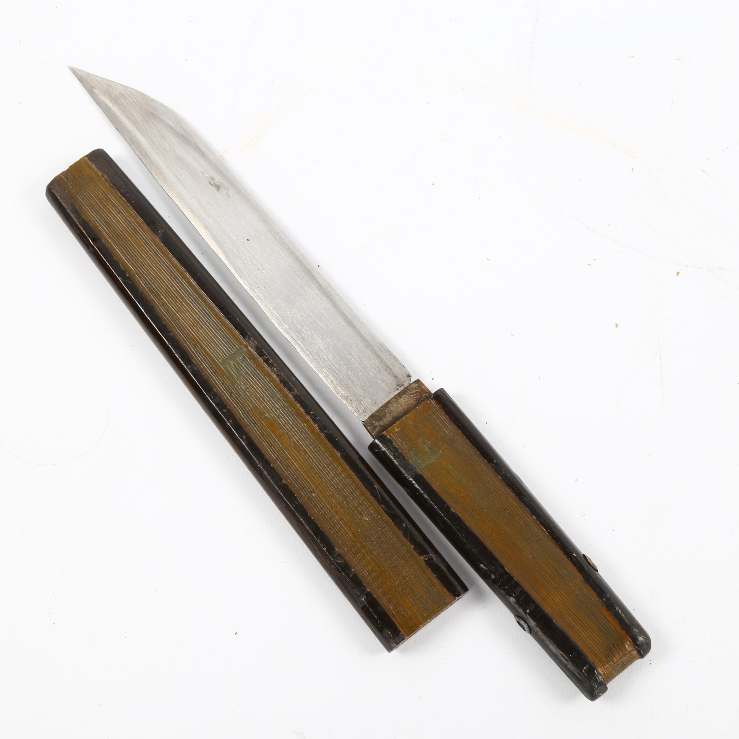 A Japanese Tanto blade, in wooden fan form, length 30cm Marks and wear to sheath, otherwise good - Image 2 of 3