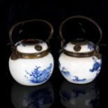 2 Chinese blue and white opium pipe pots, with metal mounts and marks on bases, height excluding