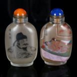 2 Chinese inside-painted glass snuff bottles, including erotic example with hardstone lid, signed,