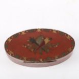 18th century oval lacquer box, with inlaid silver gold and tortoiseshell decoration, length 9.5cm,