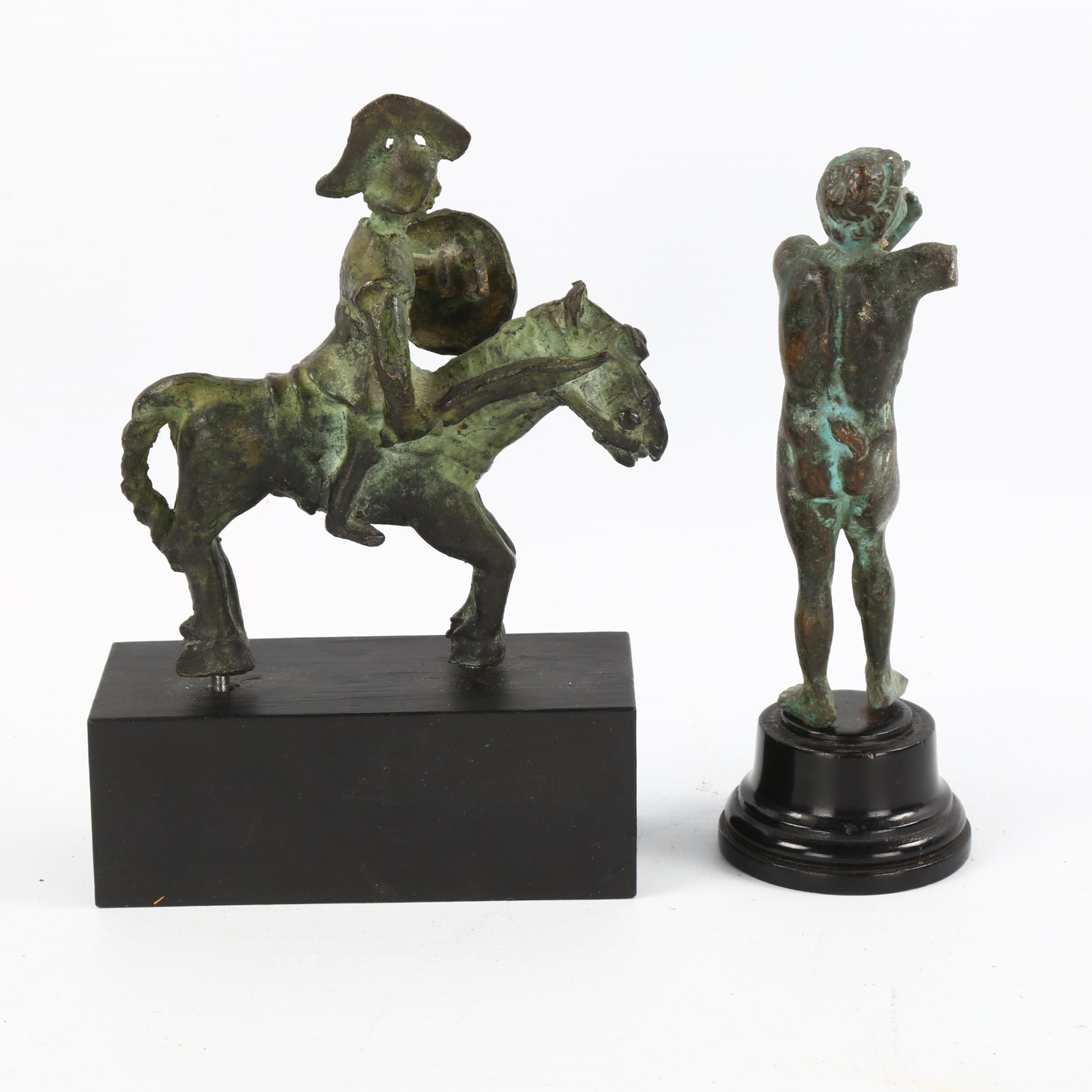 A bronze horse and rider and a bronze Pan figure, mounted on modern plinths, tallest 12cm - Image 2 of 3