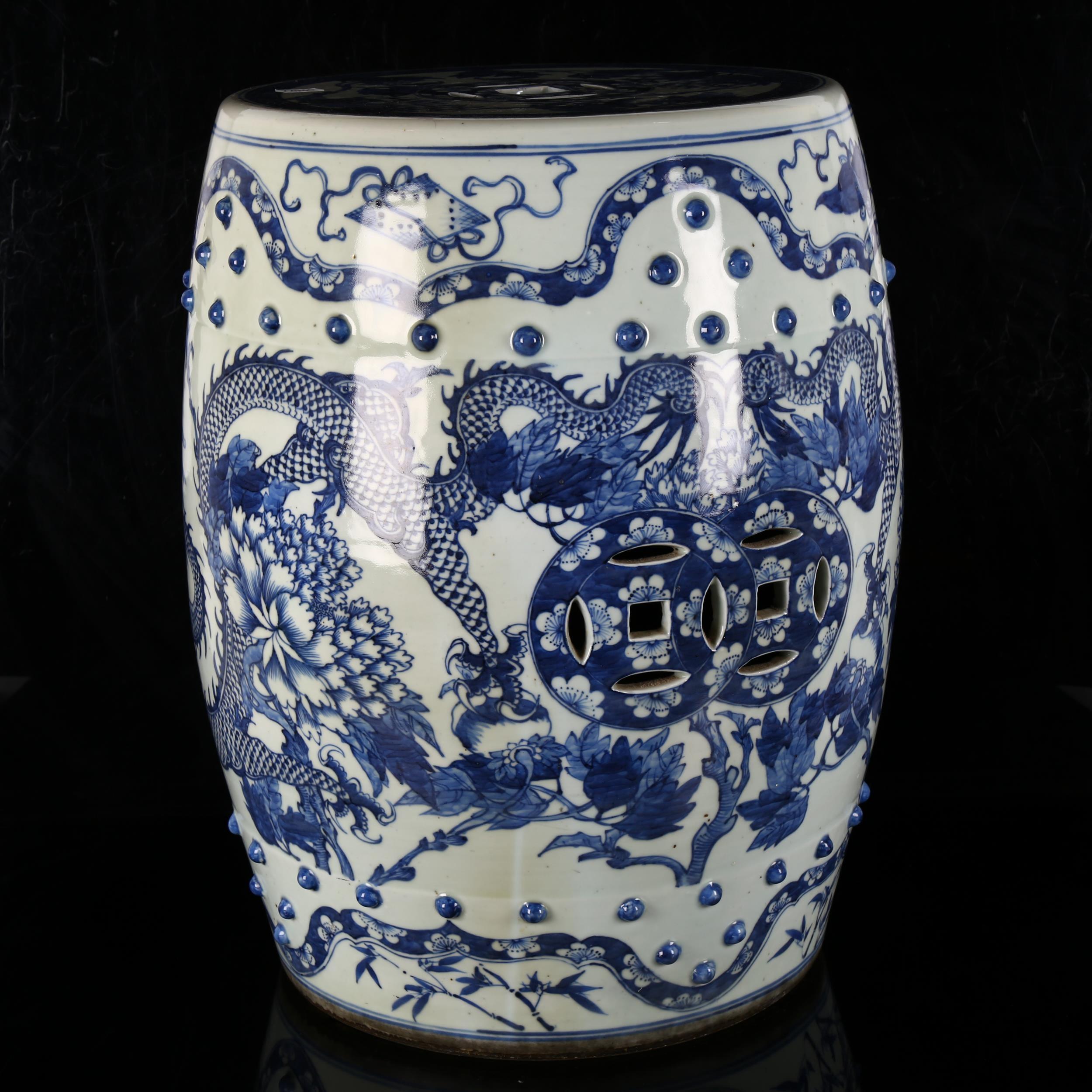 A Chinese blue and white 'Dragon' garden barrel seat, 19th century, underglaze blue decorated with - Image 5 of 10