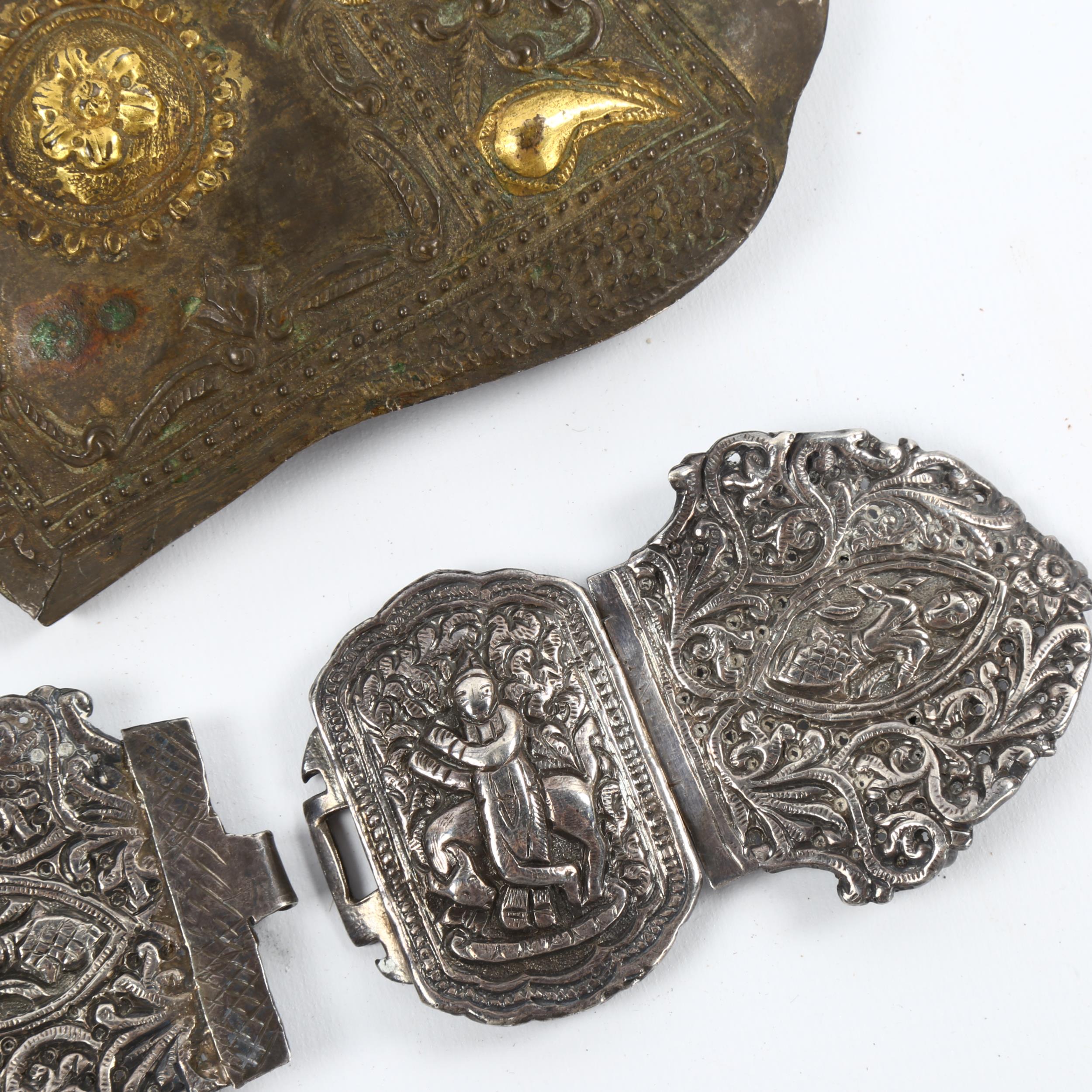 An Indian white metal buckle and another gilt brass buckle, largest 18cm long - Image 3 of 3
