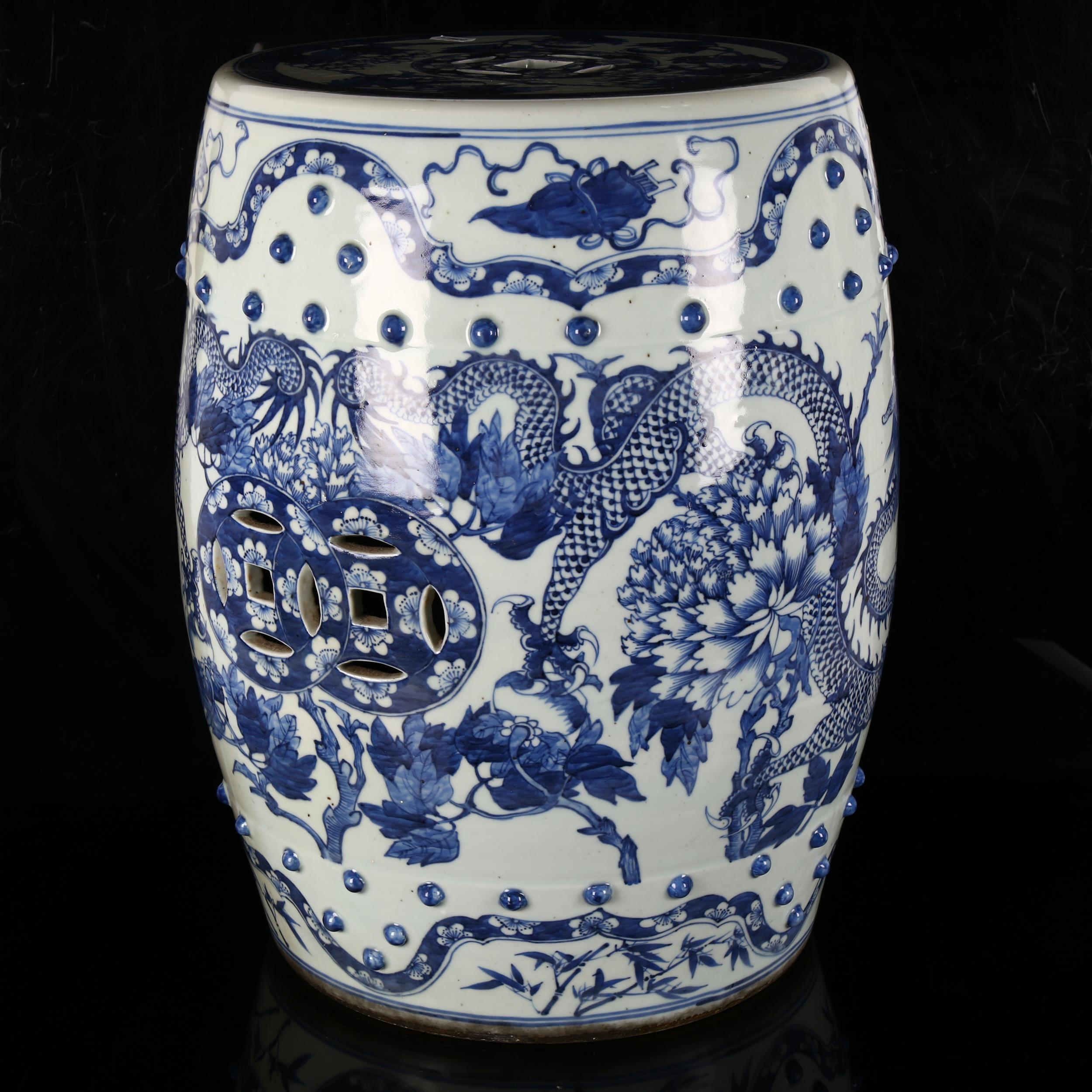 A Chinese blue and white 'Dragon' garden barrel seat, 19th century, underglaze blue decorated with - Image 6 of 10