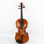 A violin with satinwood 2-piece back, back length 356mm, with bow, in Hill case Good condition, no