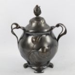 WMF Art Nouveau pewter 2-handled jar and cover, with relief moulded trailing flowers, height 22cm