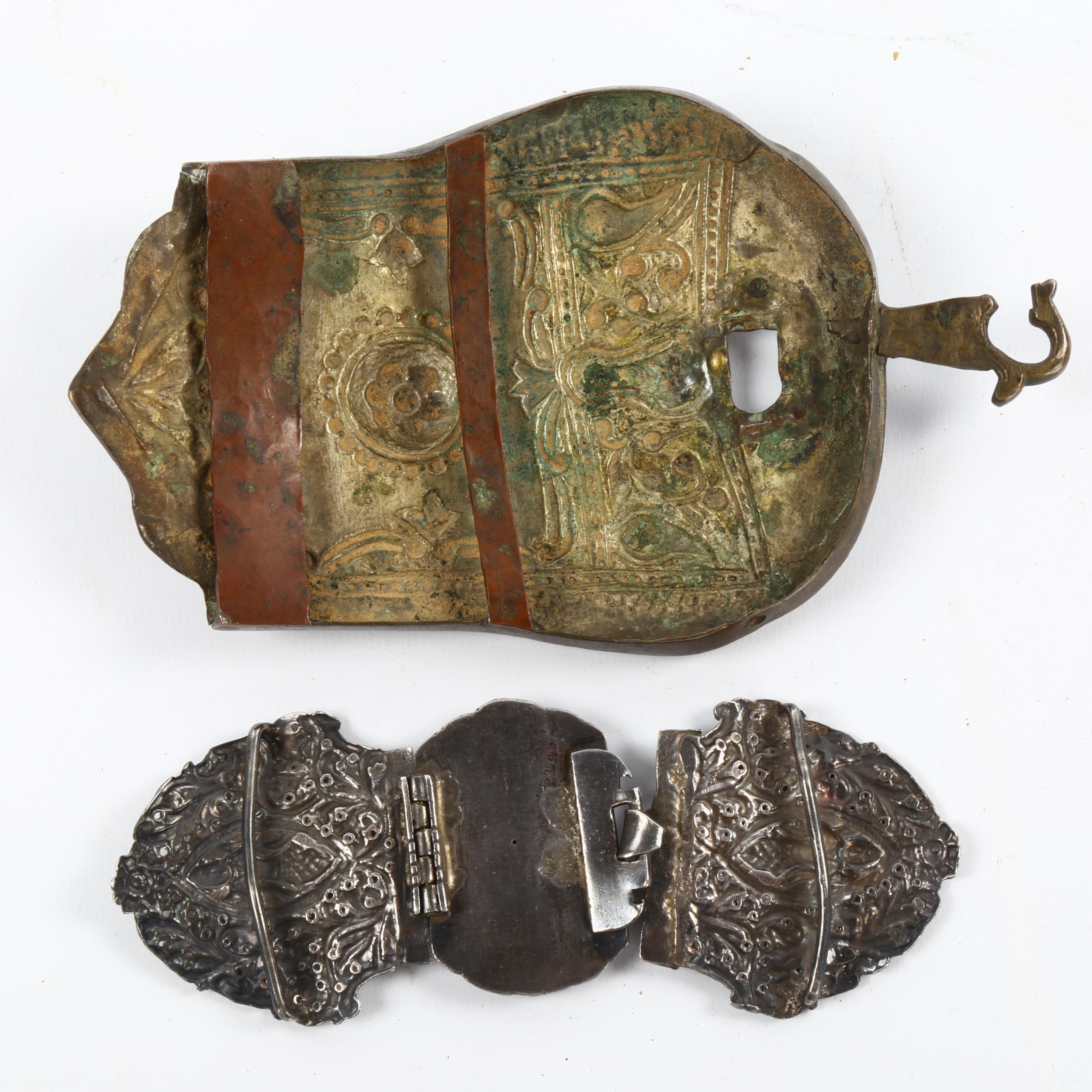 An Indian white metal buckle and another gilt brass buckle, largest 18cm long - Image 2 of 3