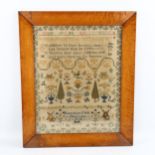 Mid-19th century needlework sampler, by Mary Ann Field, dated December 1854, original maple frame,