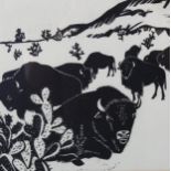 Mid-20th century Canadian School, woodblock print, bison, unsigned, image 23cm x 23cm, framed A very