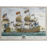 E Kirkall, after Baston, pair of hand coloured engravings, sea battle scenes, image 40cm x 50cm,