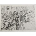 Max Liebermann, etching, market scene, published circa 1920s, image 14cm x 19cm, mounted Good