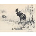 Carl Rungius (Canadian), etching, moose, signed in pencil, plate size 15cm x 21cm, framed Slight