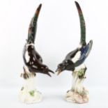 A large pair of Meissen porcelain magpies on naturalistic bases, height 52cm