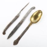 18th century steel 3-piece travelling knife fork and spoon set, with engraved folding handles, knife