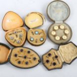 5 cased sets of Victorian dress buttons/studs