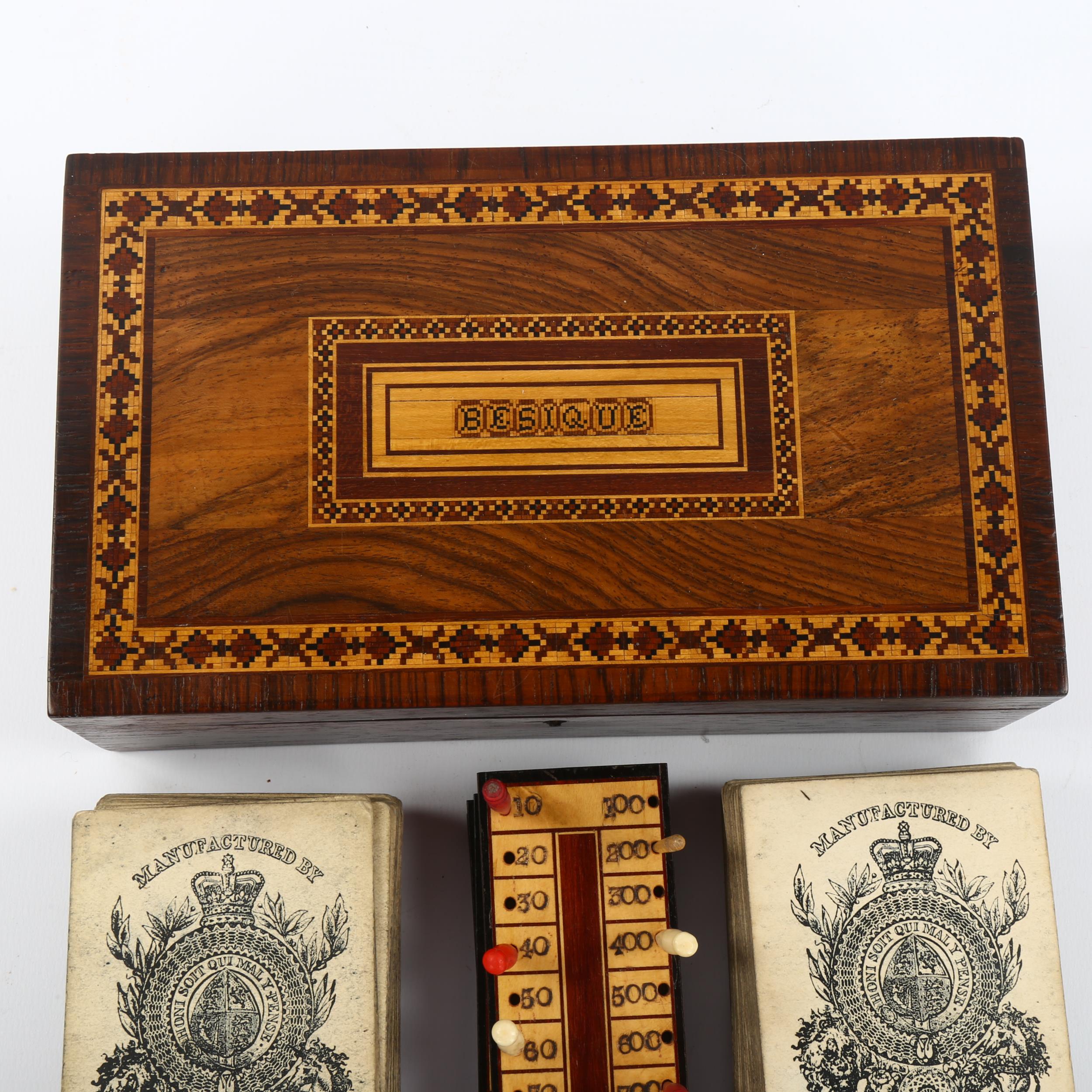 A Tunbridge Ware besique rosewood and parquetry inlaid games box, the interior fitted with cards and - Bild 2 aus 3