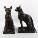 A pair of patinated bronze Egyptian style cats on marble bases, height 29cm, unsigned, modern