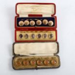 3 cased sets of 6 Victorian gilt-metal dress buttons/studs, original leather cases