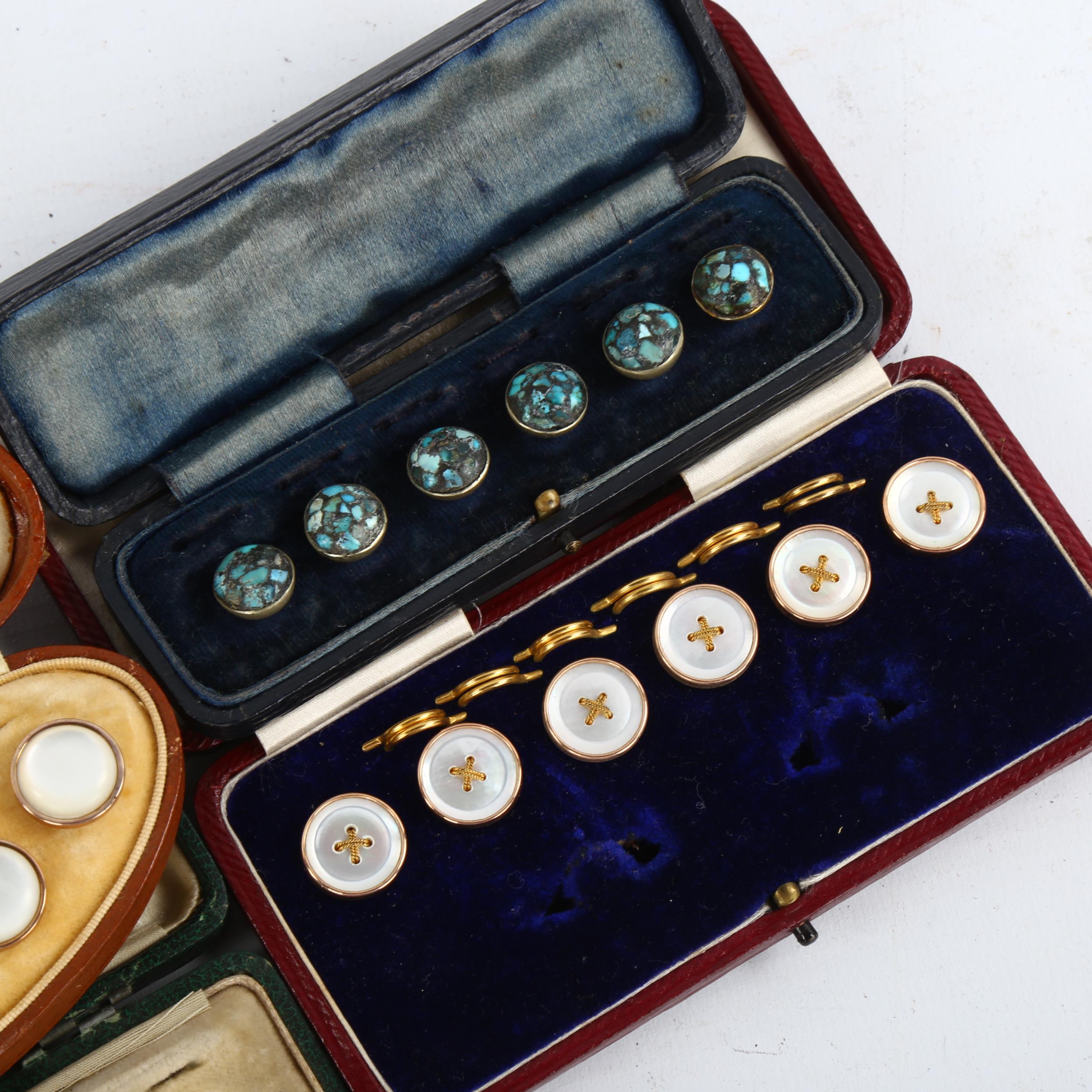 4 cased sets fo Victorian mother-of-pearl and turquoise inlaid dress buttons/studs, original leather - Bild 2 aus 3