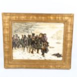 19th century oil painting on opaque glass panel, inscribed "On the march from Moscow 1812", from the