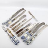A group of 18th century Meissen blue and white porcelain-handled knives and forks, a silver-