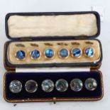 2 cased sets of 6 abalone buttons, unmarked yellow and white metal settings, original leather cases,