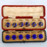 2 cased sets of Victorian blue enamel and coloured glass inset buttons, unmarked yellow metal
