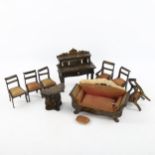 A suite of Regency penwork ebonised doll's house furniture, desk width 11.5cm