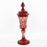 A 19th century Bohemian ruby overlay glass goblet and cover, height 32cm