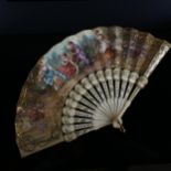 A 19th century French bone fan, with hand painted paper screen depicting musicians by a fountain,