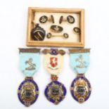 3 silver and enamel Masonic jewels, a set of Japanese gold inlaid Masonic cufflinks and studs, and a