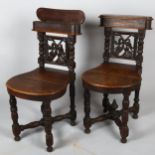 A pair of 19th century oak prayer chairs, with lidded upper compartments to the backs, carved and