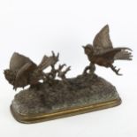 Ferdinand Pautrot, patinated bronze sculpture of garden birds on naturalistic base, signed, base