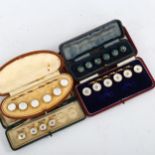 4 cased sets fo Victorian mother-of-pearl and turquoise inlaid dress buttons/studs, original leather