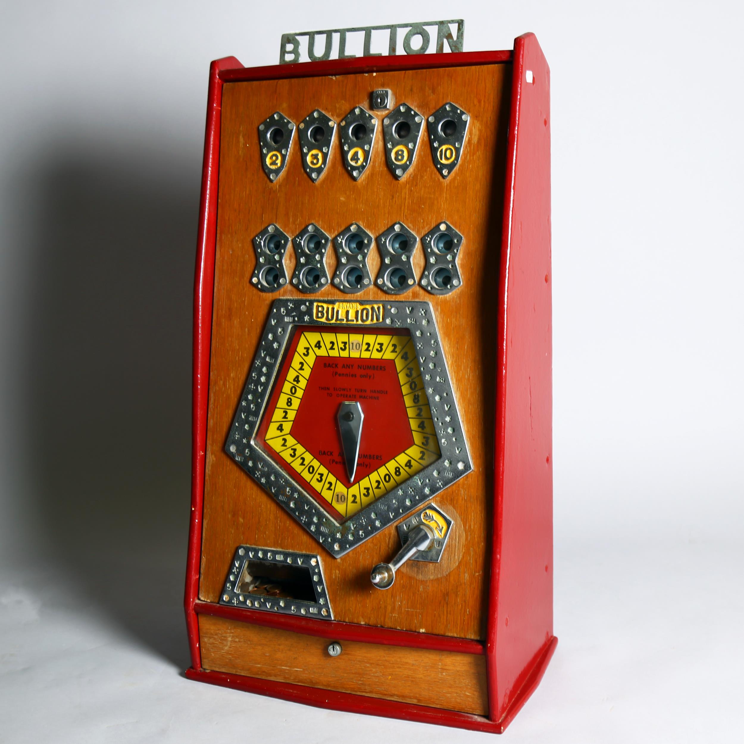 Bryan's Bullion arcade machine circa 1960s, converted to a new penny in 1972, cast-metal and stained