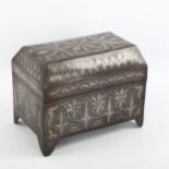 A Moroccan metal casket with inlaid white metal decoration, length 17cm