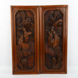 A pair of Chinese relief carved hardwood panels, 50cm x 20cm