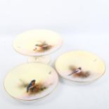 3 Royal Worcester porcelain plates, comprising magpie by Charles Stinton, bullfinch by E Barker, and