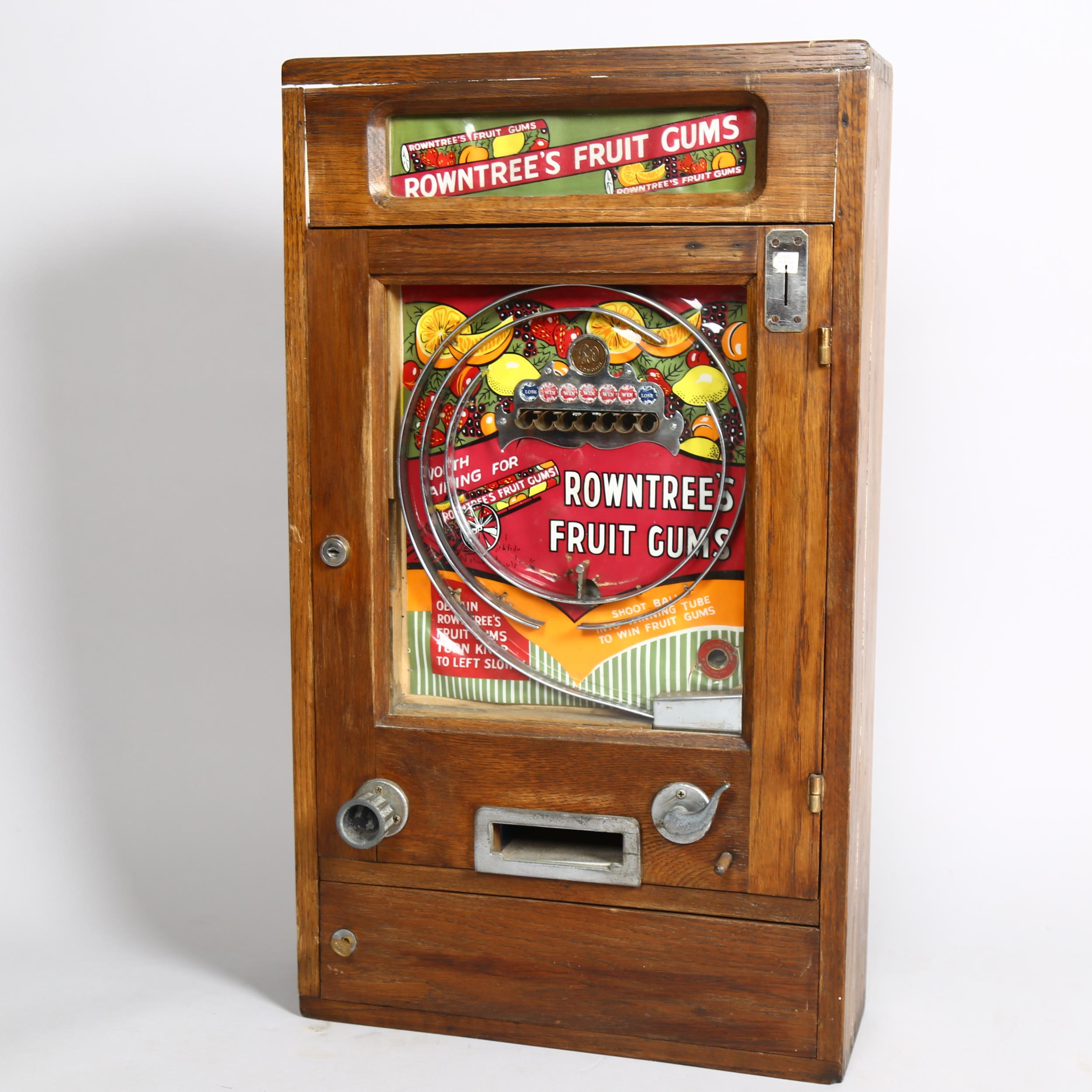 Ruffler & Walker Rowntree's Fruit Gums wall amusement arcade machine circa 1950s, oak case,