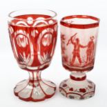 2 Bohemian ruby overlay glass goblets, 1 with etched hunting scenes, largest height 18cm (2)